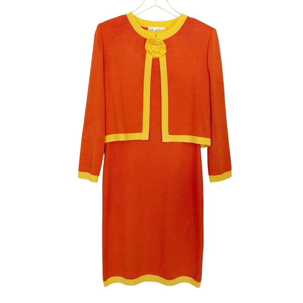 Vintage St John Collection Knit Dress and Matching‎ Cardigan Orange Yellow 8